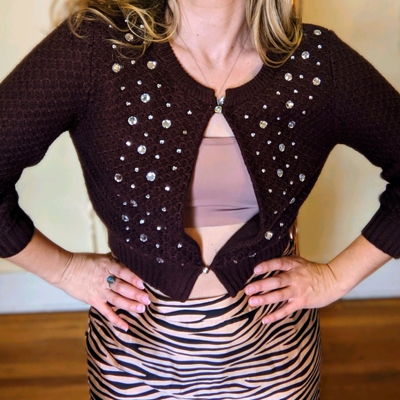 Y2K Brown Rhinestone Cardigan sweater - Picture 2 of 5